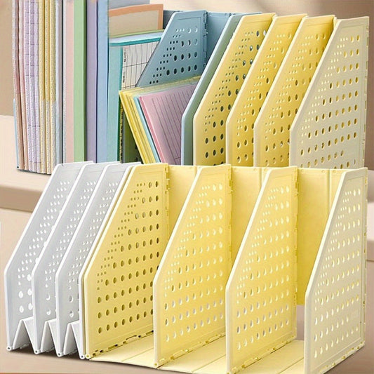 Adjustable Folding Bookstand 3-Tier Adjustable Folding Bookstand - Retractable PP Desktop Organizer with Multiple Compartments for Office, Home, or School Use (White, Yellow)