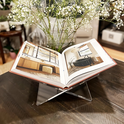 Acrylic Book Stand for Coffee Table - Clear PMMA Transparent Book Holder for Reading, Art Cookbook, Bible, Textbooks, Magazine - Durable and Stylish Reading Accessory